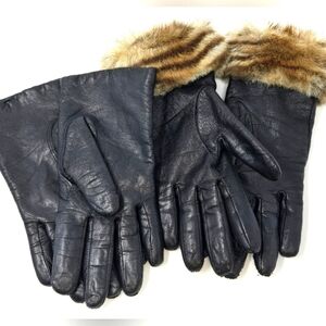 VINTAGE BLACK LEATHER GLOVES SET OF 2 GATES FLEECE LINED FAUX FUR TRIM WOMEN OS